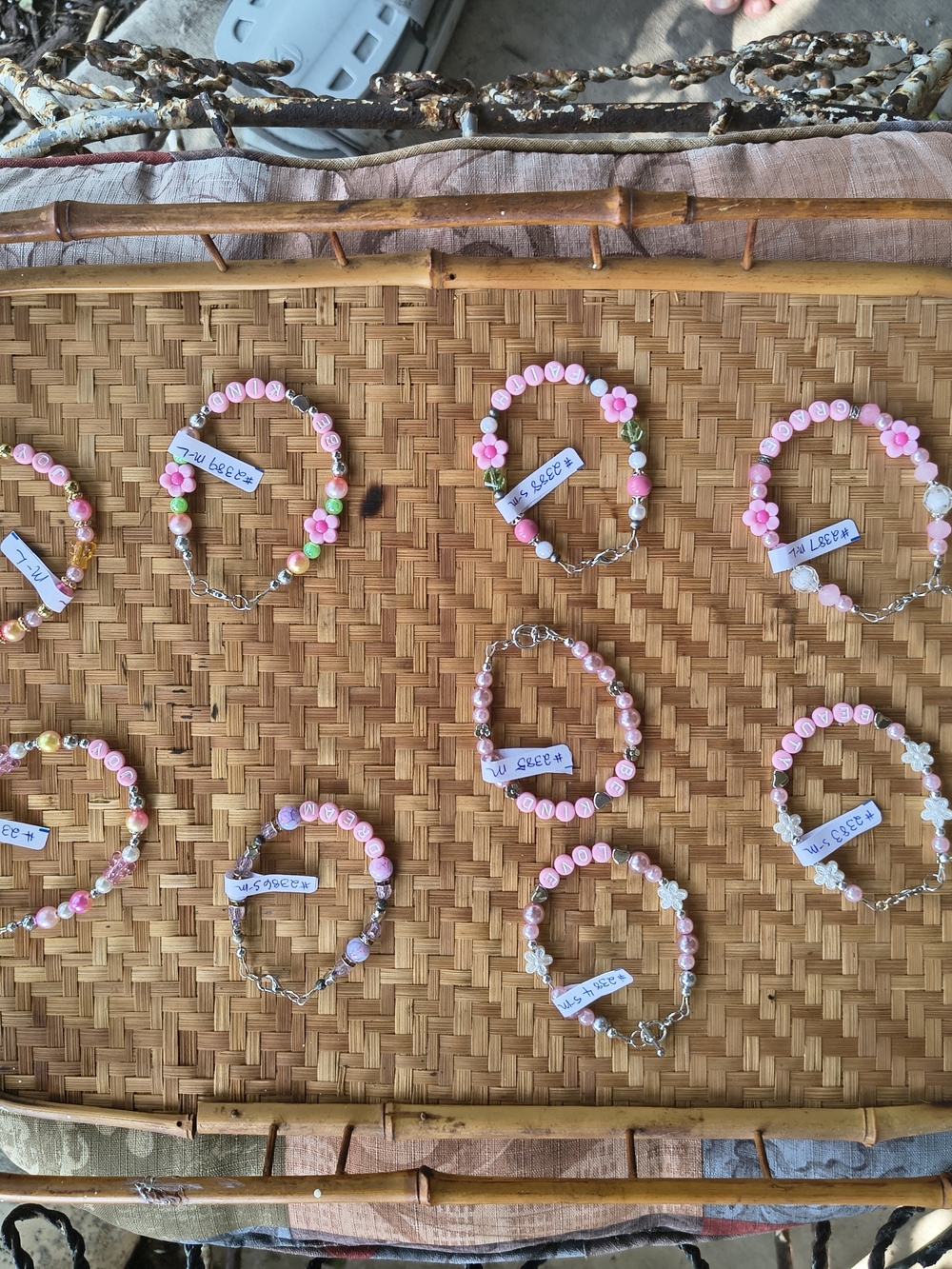 Pink Beaded Flower Charm Bracelets - Set of Cute Stackable Bracelets